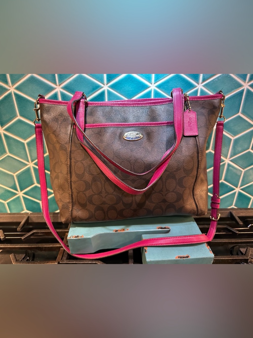 Coach Brown Signature Tote with Fuchsia Trim